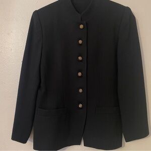 Kasper ASL Black Wool Blazer Jacket Gold Textured Buttons Band Collar 8 Petite